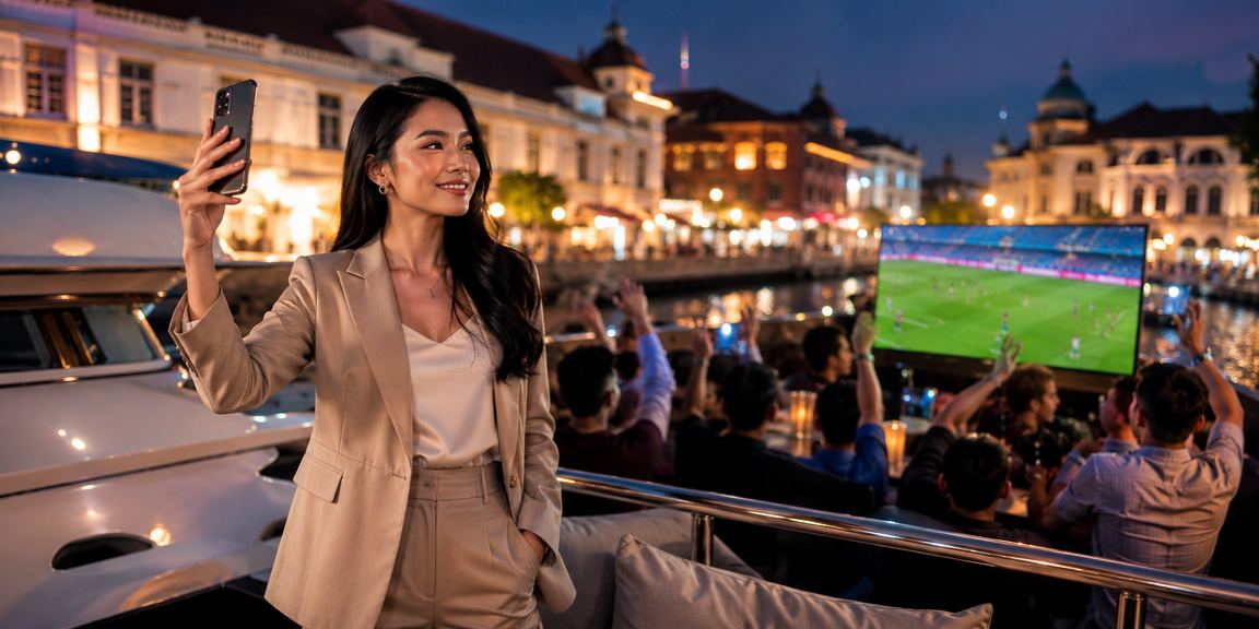 Seseorang bermain casino mobile sambil minum kopi di kafe modern di perkotaan