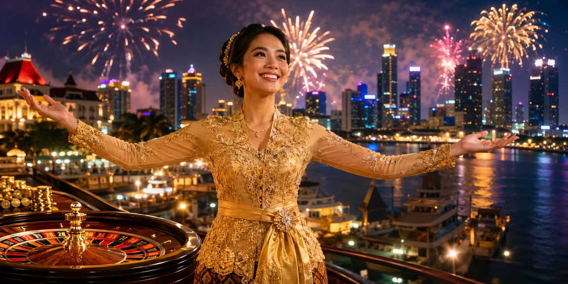 Meja roulette penuh peserta di festival kasino dengan suasana meriah dan penuh cahaya