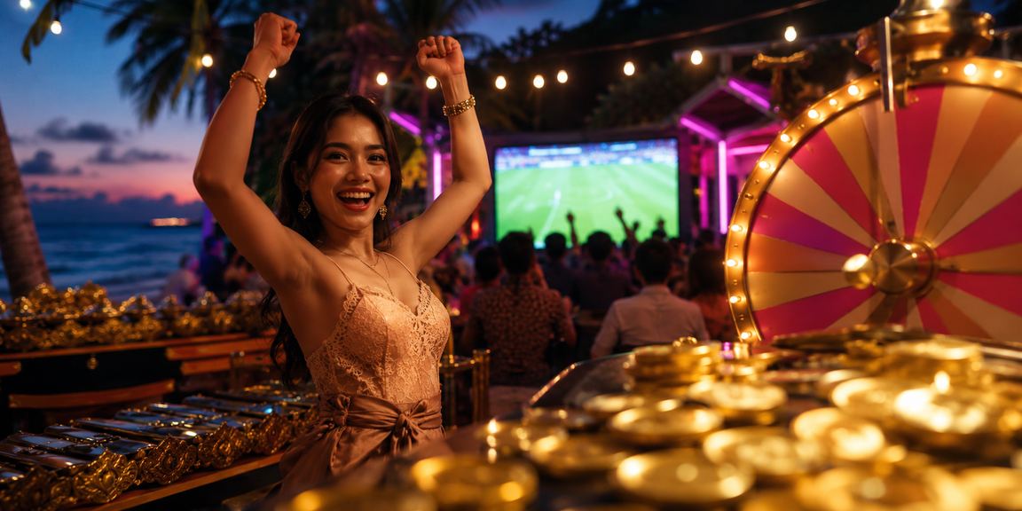 Suasana lucky draw berhadiah di pantai dengan peserta antusias menunggu undian